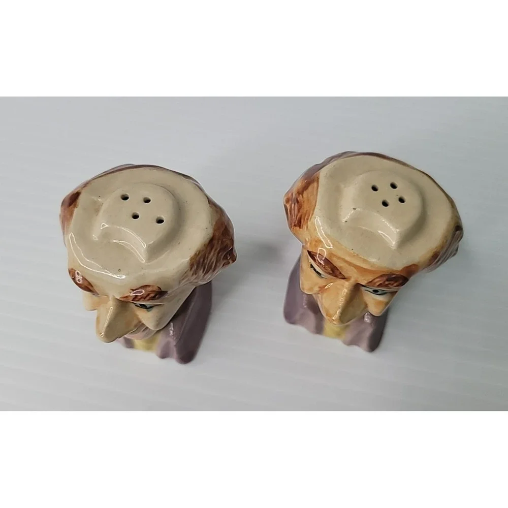 Vintage Japan Porcelain 2 Old Jester‎ Men Salt Shakers w/ Original Cork Stoppers